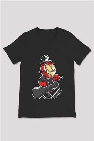 Iron Man Gentleman Baskılı Unisex Siyah V Yaka Tişört