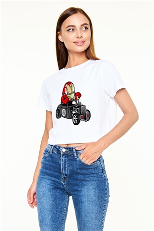 Iron Man Hotrod Baskılı Beyaz Kadın Crop Top Tişört