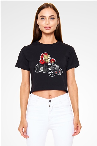 Iron Man Hotrod Baskılı  Siyah  Crop Top Tişört