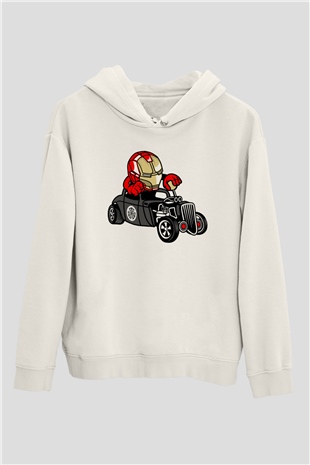 Iron Man Hotrod Baskılı Unisex Beyaz Hoodie