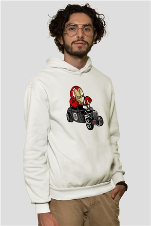Iron Man Hotrod Baskılı Unisex Beyaz Hoodie