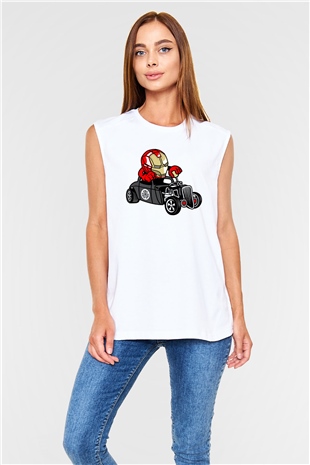Iron Man Hotrod Baskılı Unisex Beyaz Kolsuz Tişört