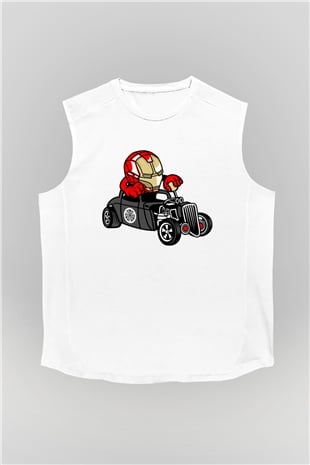 Iron Man Hotrod Baskılı Unisex Beyaz Kolsuz Tişört