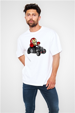 Iron Man Hotrod Baskılı Unisex Beyaz Oversize Tişört