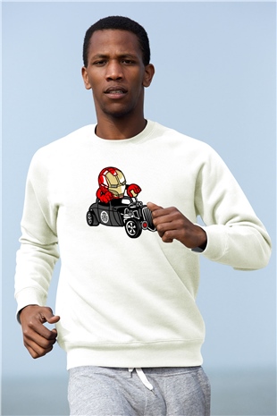 Iron Man Hotrod Baskılı Unisex Beyaz Sweatshirt