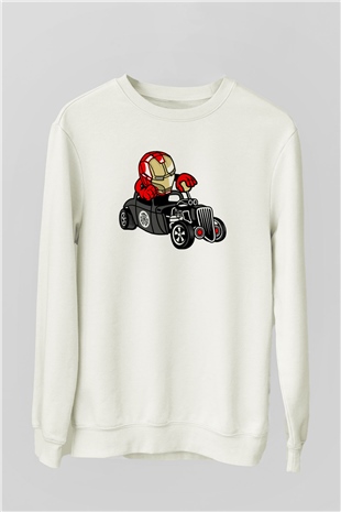 Iron Man Hotrod Baskılı Unisex Beyaz Sweatshirt