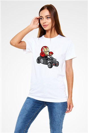 Iron Man Hotrod Baskılı Unisex Beyaz Tişört