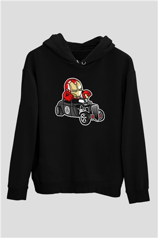 Iron Man Hotrod Baskılı Unisex Siyah Hoodie