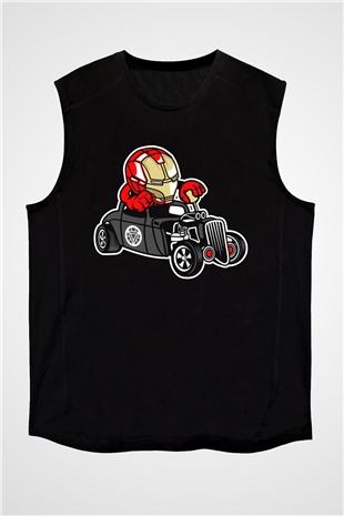 Iron Man Hotrod Baskılı Unisex Siyah Kolsuz Tişört