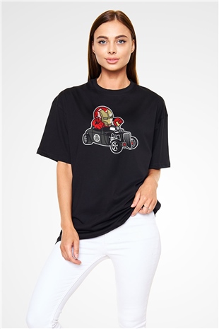 Iron Man Hotrod Baskılı Unisex Siyah Oversize Tişört