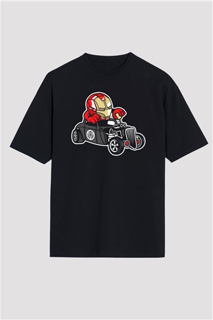 Iron Man Hotrod Baskılı Unisex Siyah Oversize Tişört