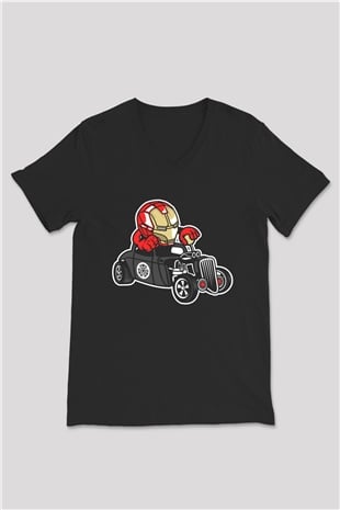 Iron Man Hotrod Baskılı Unisex Siyah V Yaka Tişört