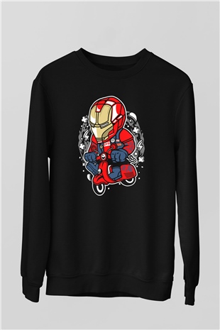 Iron Man Scooter Baskılı Unisex Siyah Sweatshirt