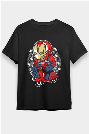 Iron Man Scooter Baskılı Unisex Siyah Tişört