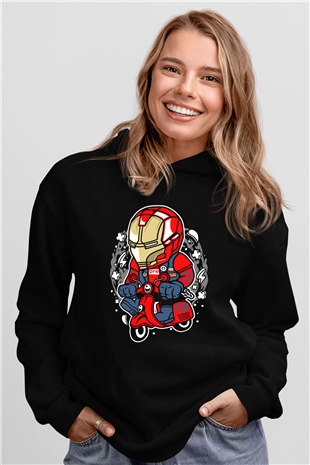 Iron Man Scooter Baskılı Unisex Siyah Hoodie