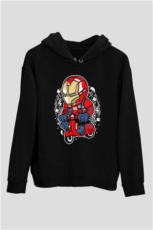 Iron Man Scooter Baskılı Unisex Siyah Hoodie