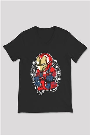Iron Man Scooter Baskılı Unisex Siyah V Yaka Tişört
