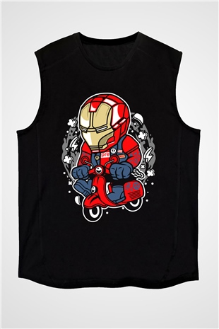 Iron Man Scooter Baskılı Unisex Siyah Kolsuz Tişört