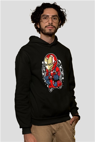 Iron Man Scooter Baskılı Unisex Siyah Hoodie