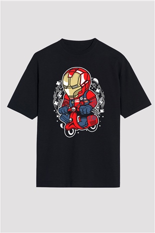 Iron Man Scooter Baskılı Unisex Siyah Oversize Tişört