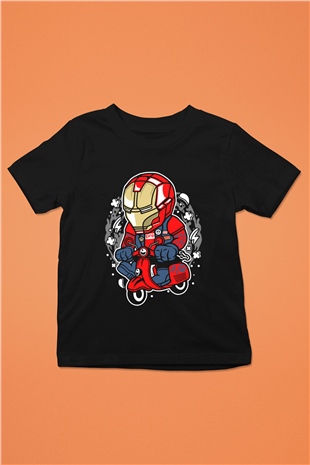 Iron Man Scooter Baskılı Unisex Siyah Çocuk Tişört