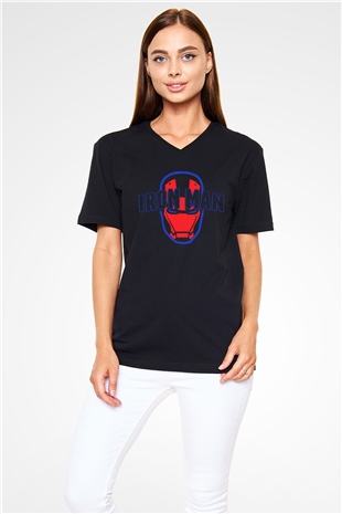 Iron Man Siyah Unisex V Yaka Tişört T-Shirt