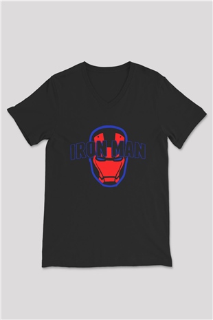 Iron Man Siyah Unisex V Yaka Tişört T-Shirt