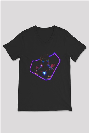 Iron Man Siyah Unisex V Yaka Tişört T-Shirt