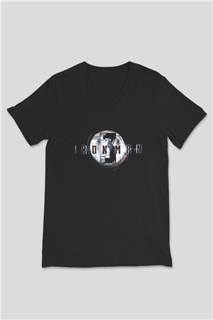 Iron Man Siyah Unisex V Yaka Tişört T-Shirt