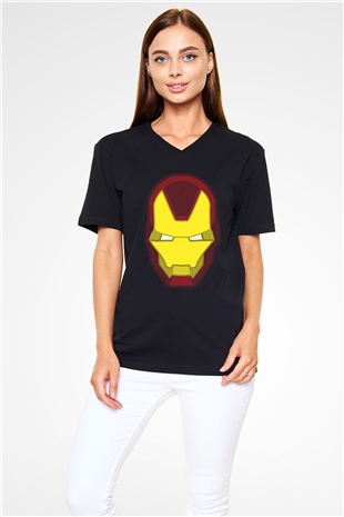 Iron Man Siyah Unisex V Yaka Tişört T-Shirt