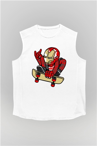 Iron Man Skateboard Baskılı Unisex Beyaz Kolsuz Tişört