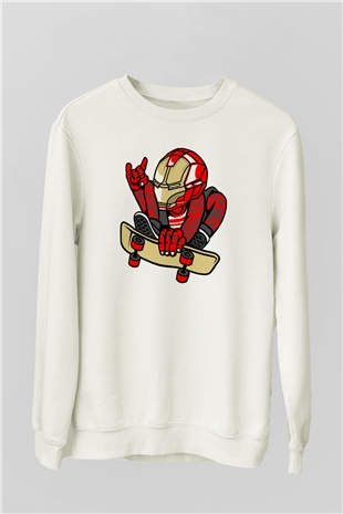 Iron Man Skateboard Baskılı Unisex Beyaz Sweatshirt