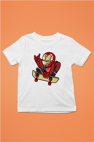 Iron Man Skateboard Baskılı Unisex Beyaz Çocuk Tişört
