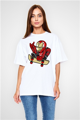 Iron Man Skateboard Baskılı Unisex Beyaz Oversize Tişört
