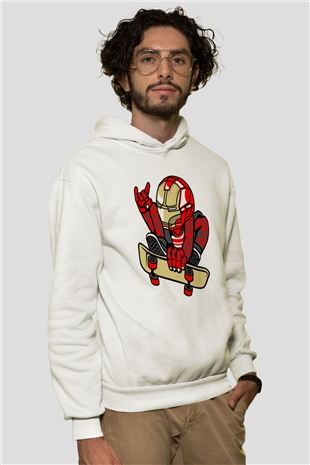 Iron Man Skateboard Baskılı Unisex Beyaz Hoodie