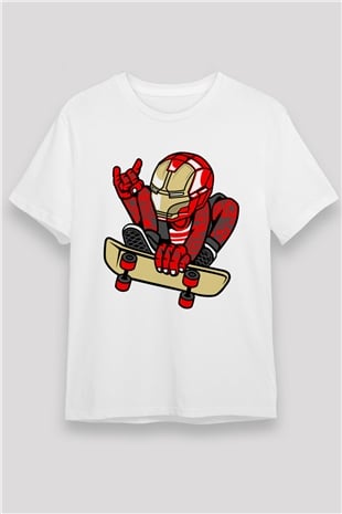 Iron Man Skateboard Baskılı Unisex Beyaz Tişört