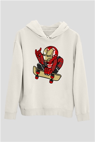 Iron Man Skateboard Baskılı Unisex Beyaz Hoodie