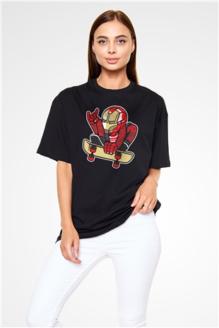 Iron Man Skateboard Baskılı Unisex Siyah Oversize Tişört