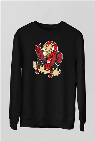 Iron Man Skateboard Baskılı Unisex Siyah Sweatshirt
