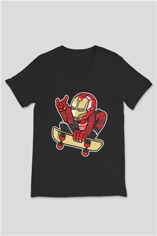 Iron Man Skateboard Baskılı Unisex Siyah V Yaka Tişört
