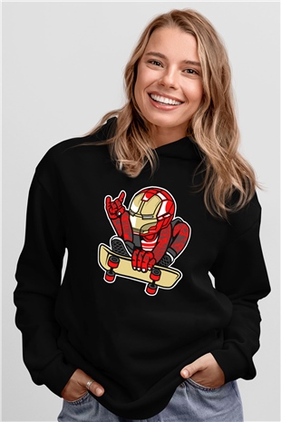 Iron Man Skateboard Baskılı Unisex Siyah Hoodie