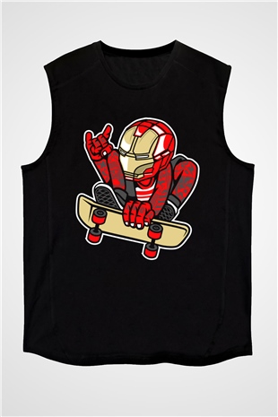 Iron Man Skateboard Baskılı Unisex Siyah Kolsuz Tişört