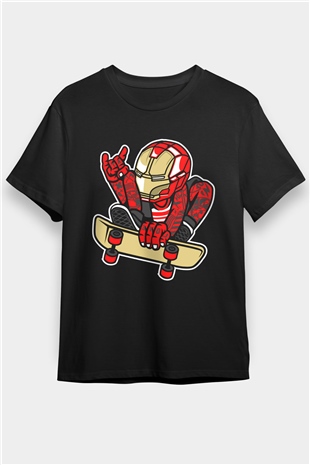 Iron Man Skateboard Baskılı Unisex Siyah Tişört