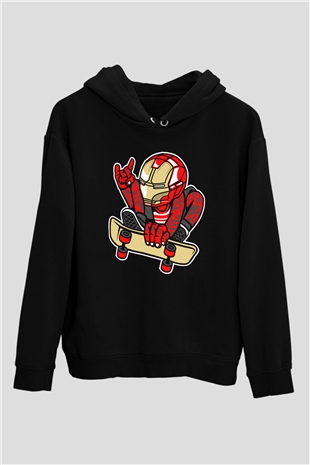 Iron Man Skateboard Baskılı Unisex Siyah Hoodie