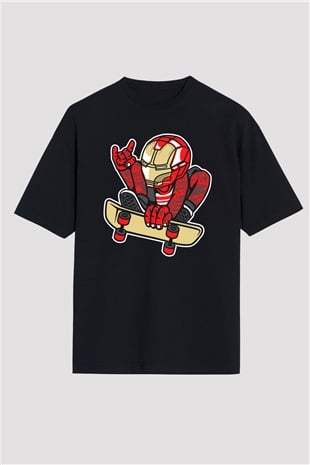 Iron Man Skateboard Baskılı Unisex Siyah Oversize Tişört