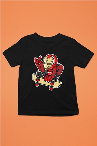Iron Man Skateboard Baskılı Unisex Siyah Çocuk Tişört