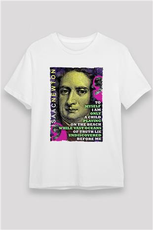 Isaac Newton Alıntı Baskılı Unisex Beyaz Tişört - Tshirt