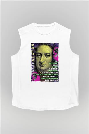 Isaac Newton Alıntı Baskılı Unisex Kolsuz Beyaz Tişört - Tshirt