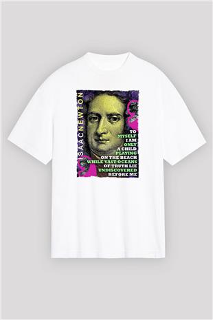 Isaac Newton Alıntı Baskılı Unisex Oversize Beyaz Tişört - Tshirt