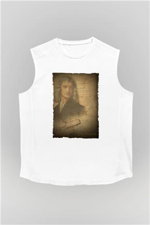 Isaac Newton Baskılı Unisex Kolsuz Beyaz Tişört - Tshirt